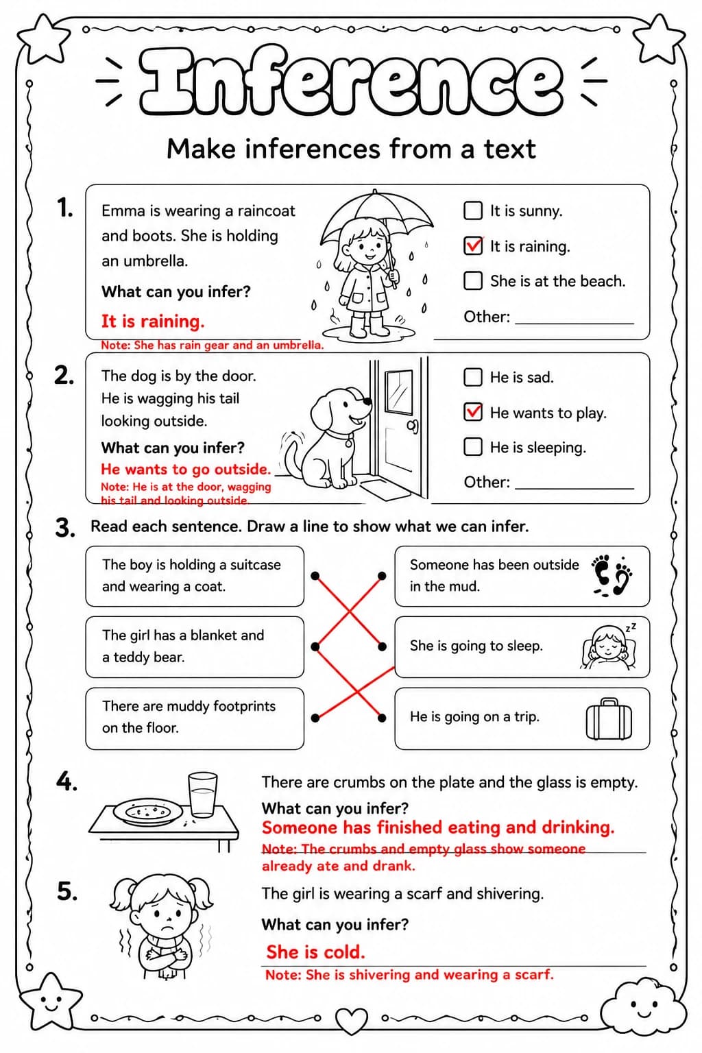 Answer key for Make inferences from a text — free printable English & Reading worksheet