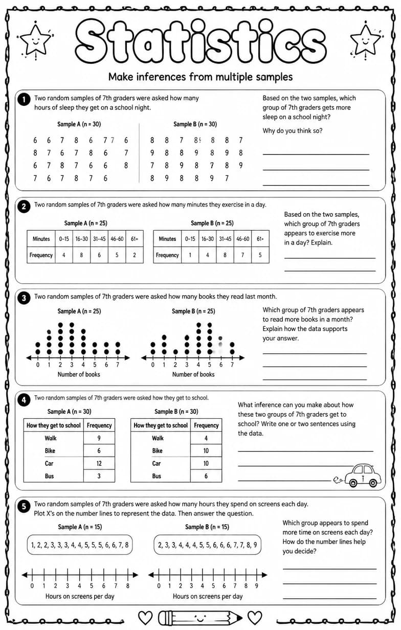 Make inferences from multiple samples — free printable Grade 7 math worksheet