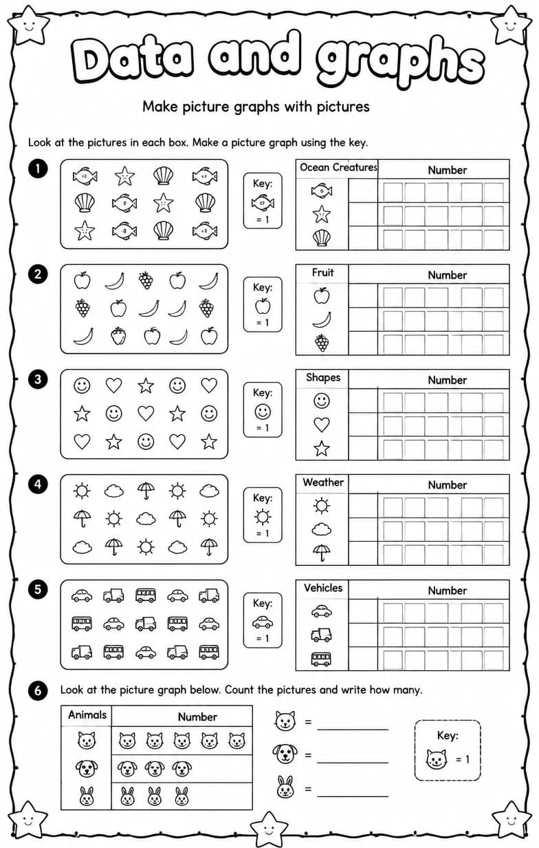 Make picture graphs with pictures — free printable Grade 1 Math worksheet