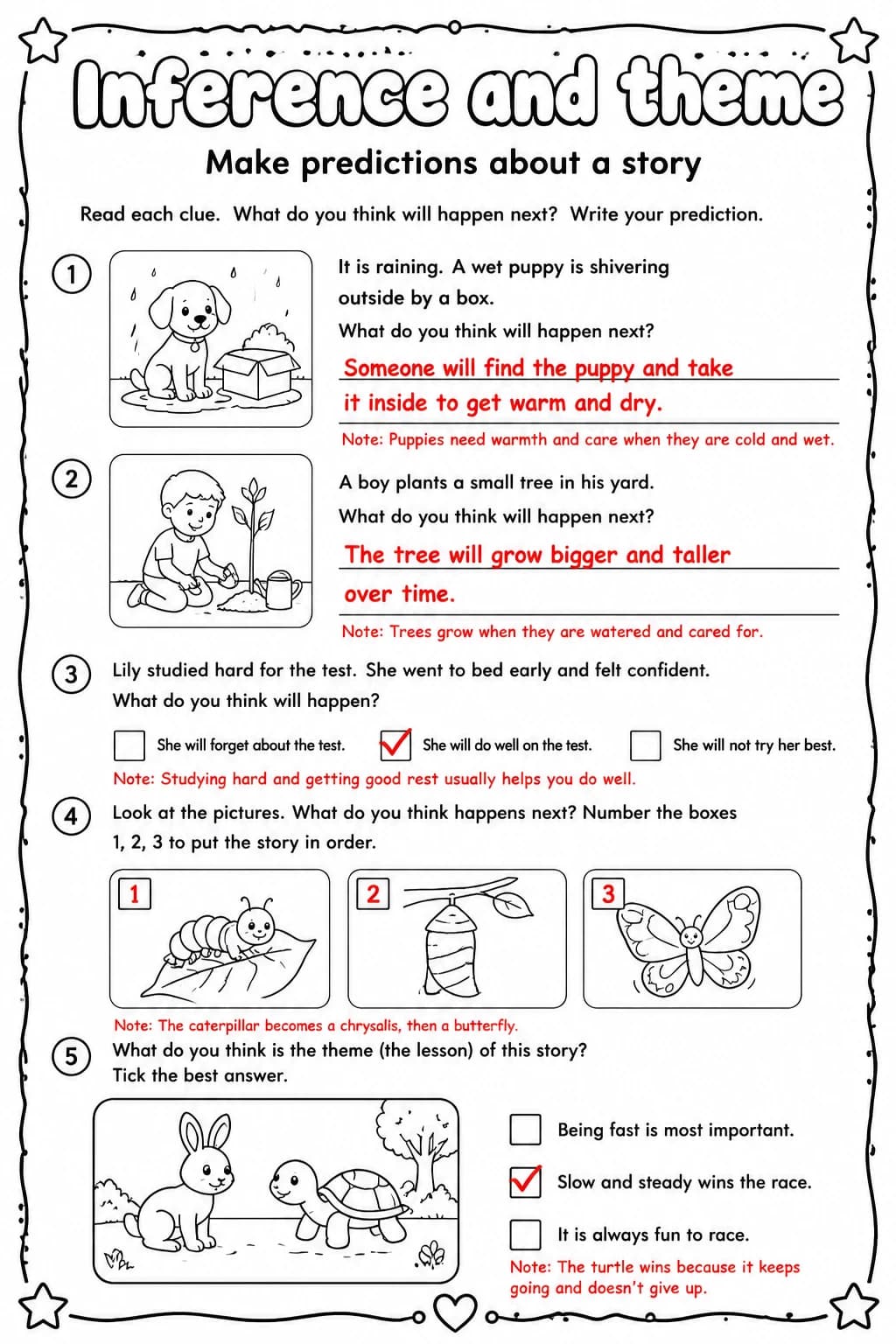 Answer key for Make predictions about a story — free printable English & Reading worksheet