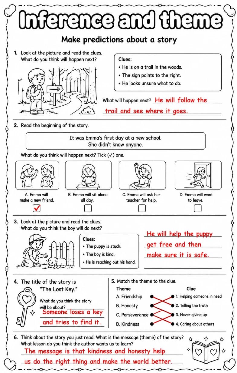 Answer key for Make predictions about a story — free printable English & Reading worksheet