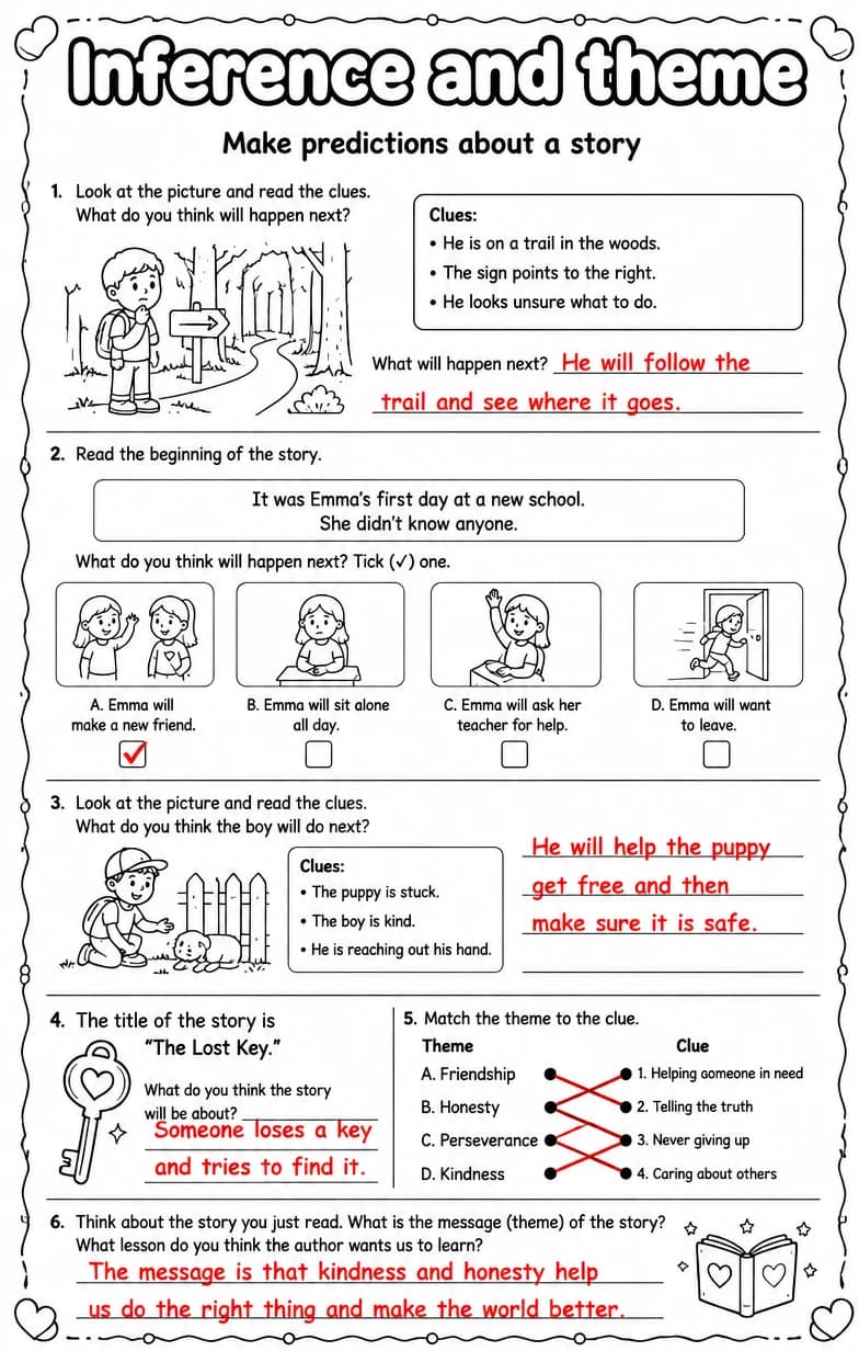 Answer key for Make predictions about a story — free printable English & Reading worksheet
