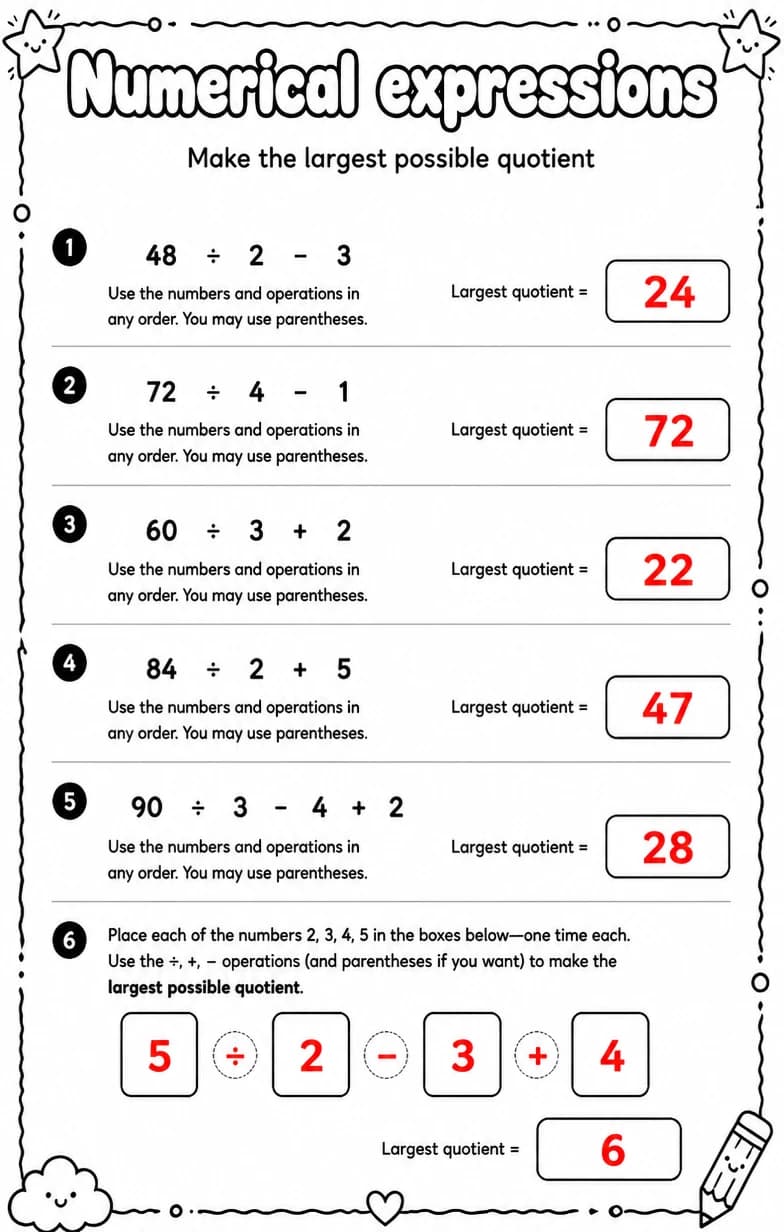Answer key for Make the largest possible quotient — free printable Math worksheet
