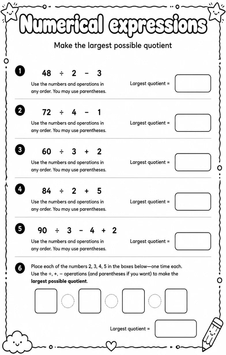 Make the largest possible quotient — free printable Grade 5 math worksheet