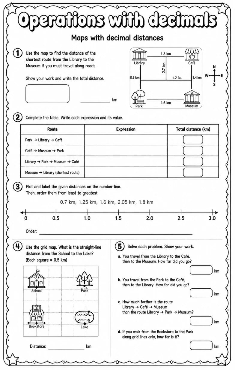 Maps with decimal distances — free printable Grade 7 math worksheet