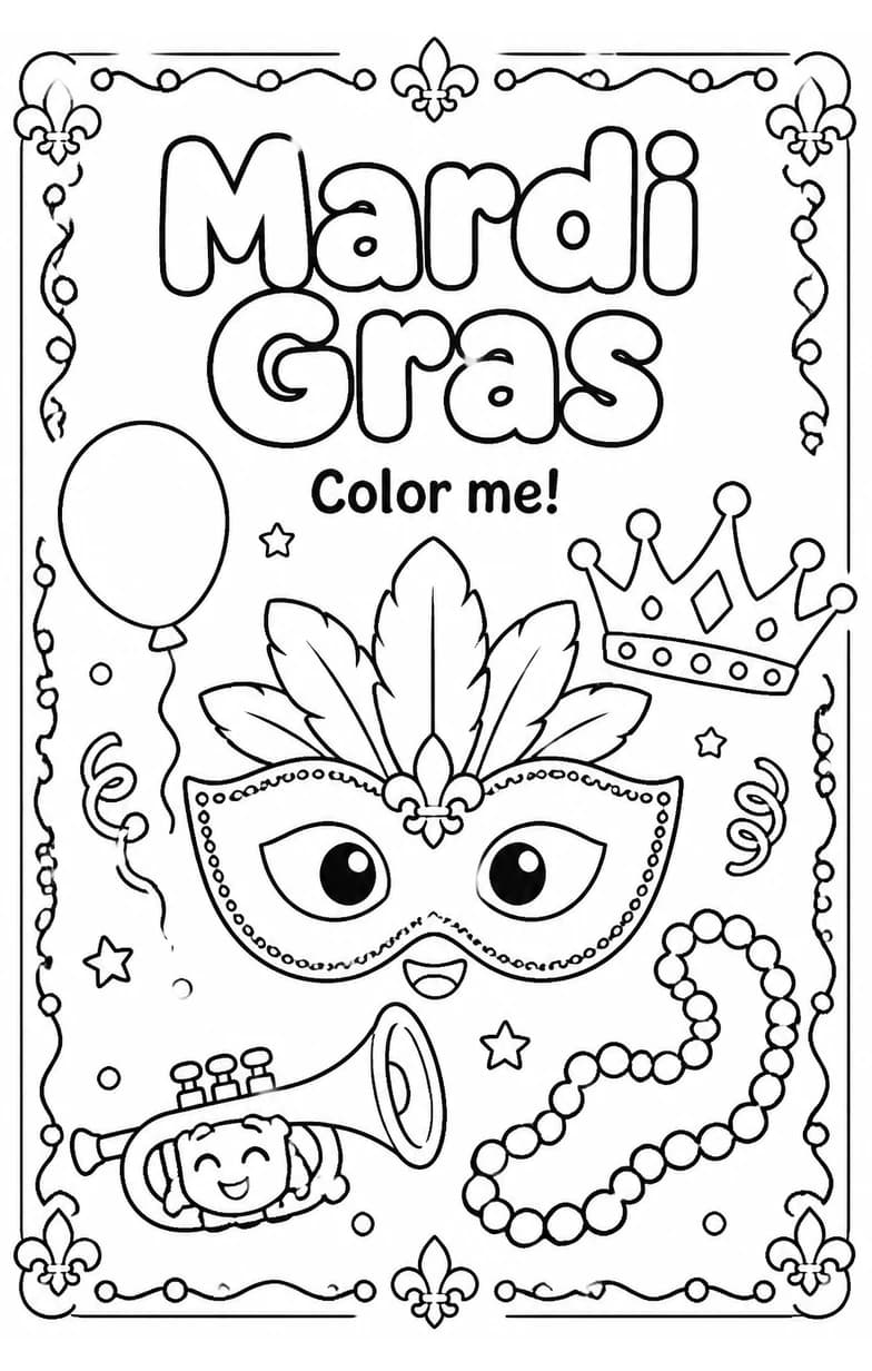 Mardi Gras Coloring Pages — free printable Kindergarten Art worksheet