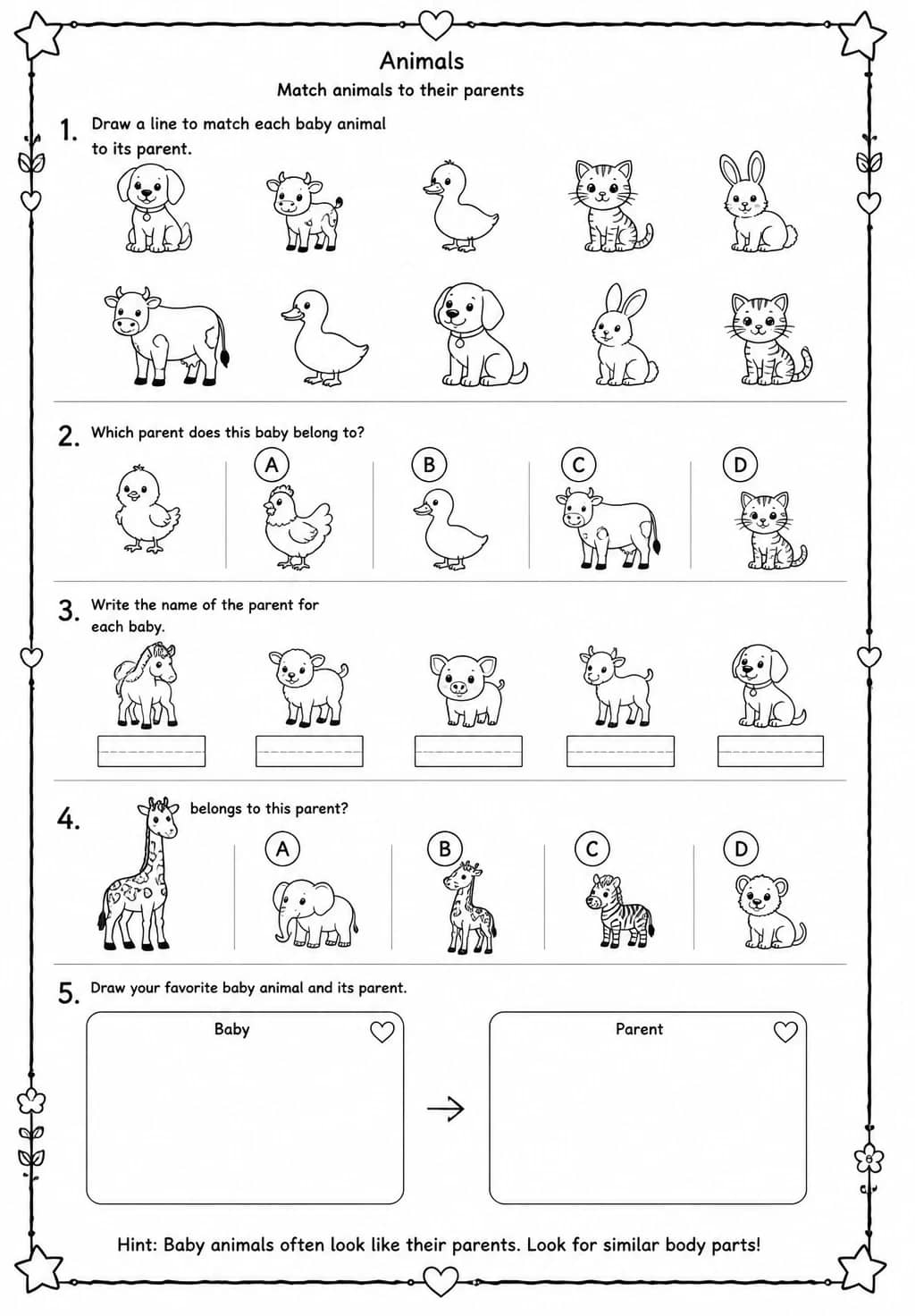 Match animals to their parents — free printable Kindergarten Science worksheet