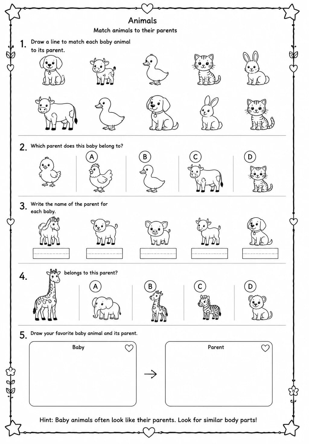Match animals to their parents — free printable Kindergarten Science worksheet