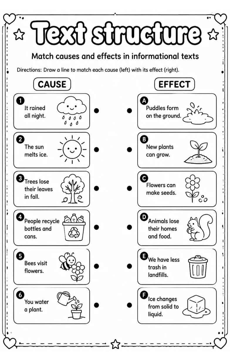 Match causes and effects in informational texts — free printable Grade 3 English & Reading worksheet