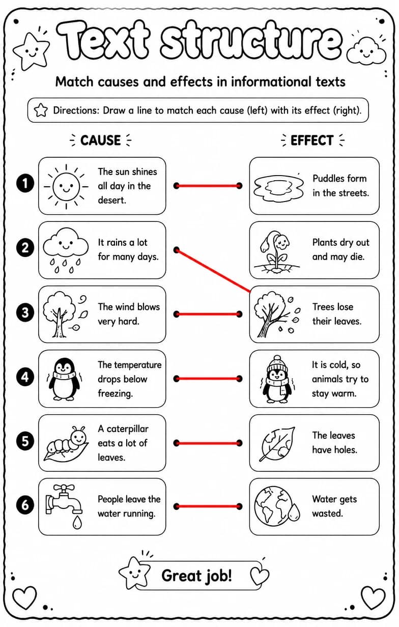 Answer key for Match causes and effects in informational texts — free printable English & Reading worksheet