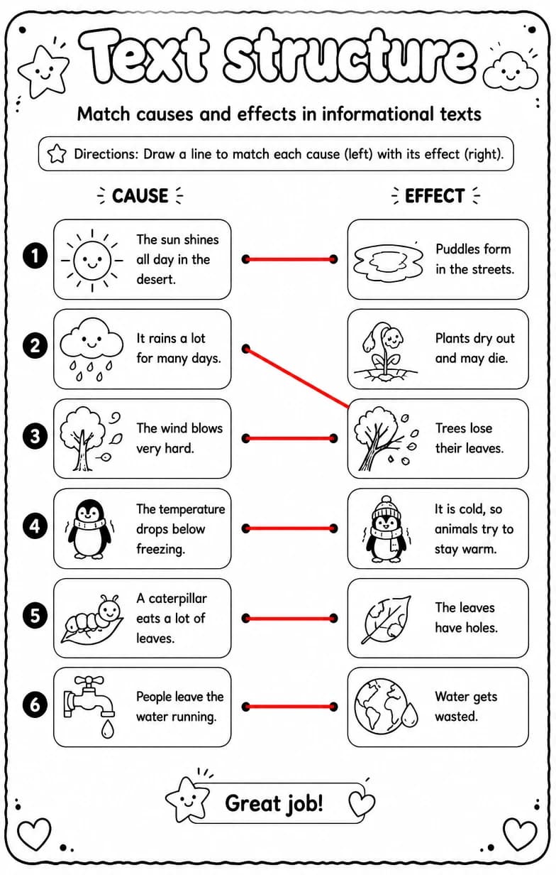 Answer key for Match causes and effects in informational texts — free printable English & Reading worksheet