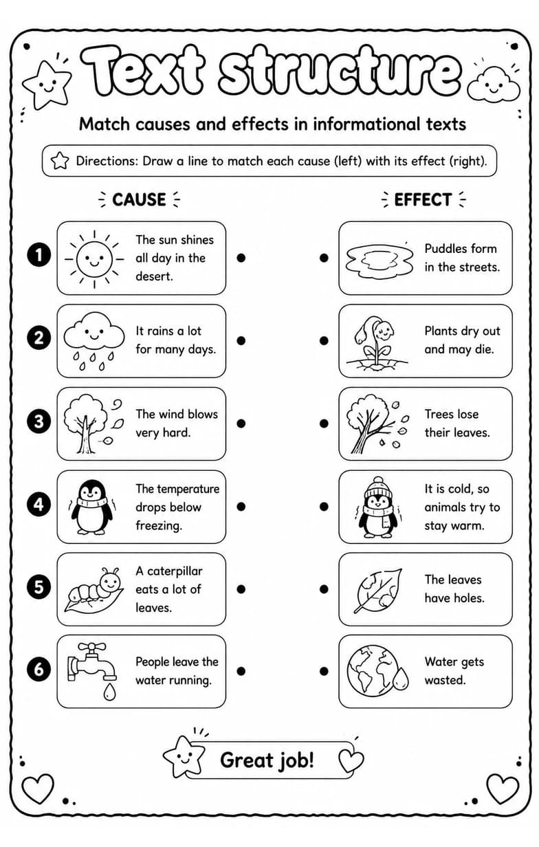 Match causes and effects in informational texts — free printable Reading strategies English worksheet