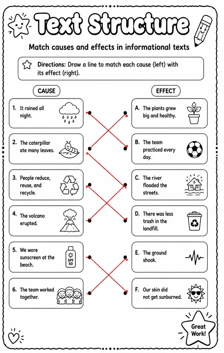 Answer key for Match causes and effects in informational texts — free printable English & Reading worksheet