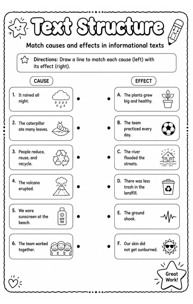 Match causes and effects in informational texts — free printable Reading strategies English worksheet