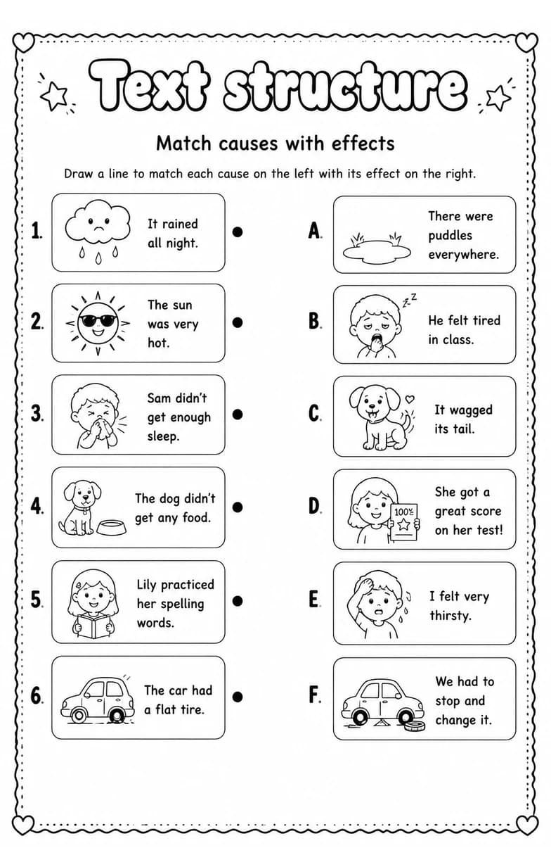 Match causes with effects — free printable Grade 3 English & Reading worksheet