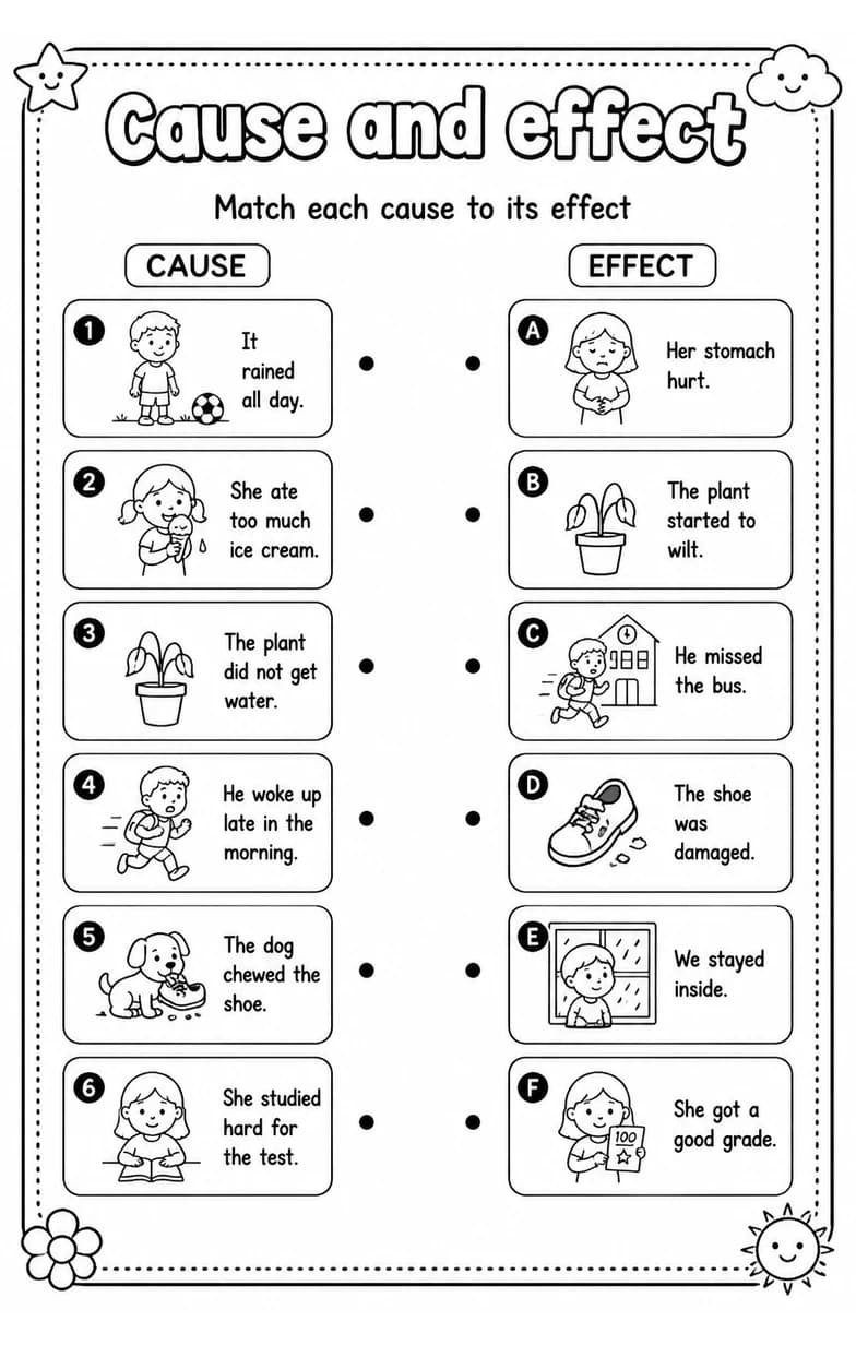 Match each cause to its effect — free printable Grade 2 English & Reading worksheet
