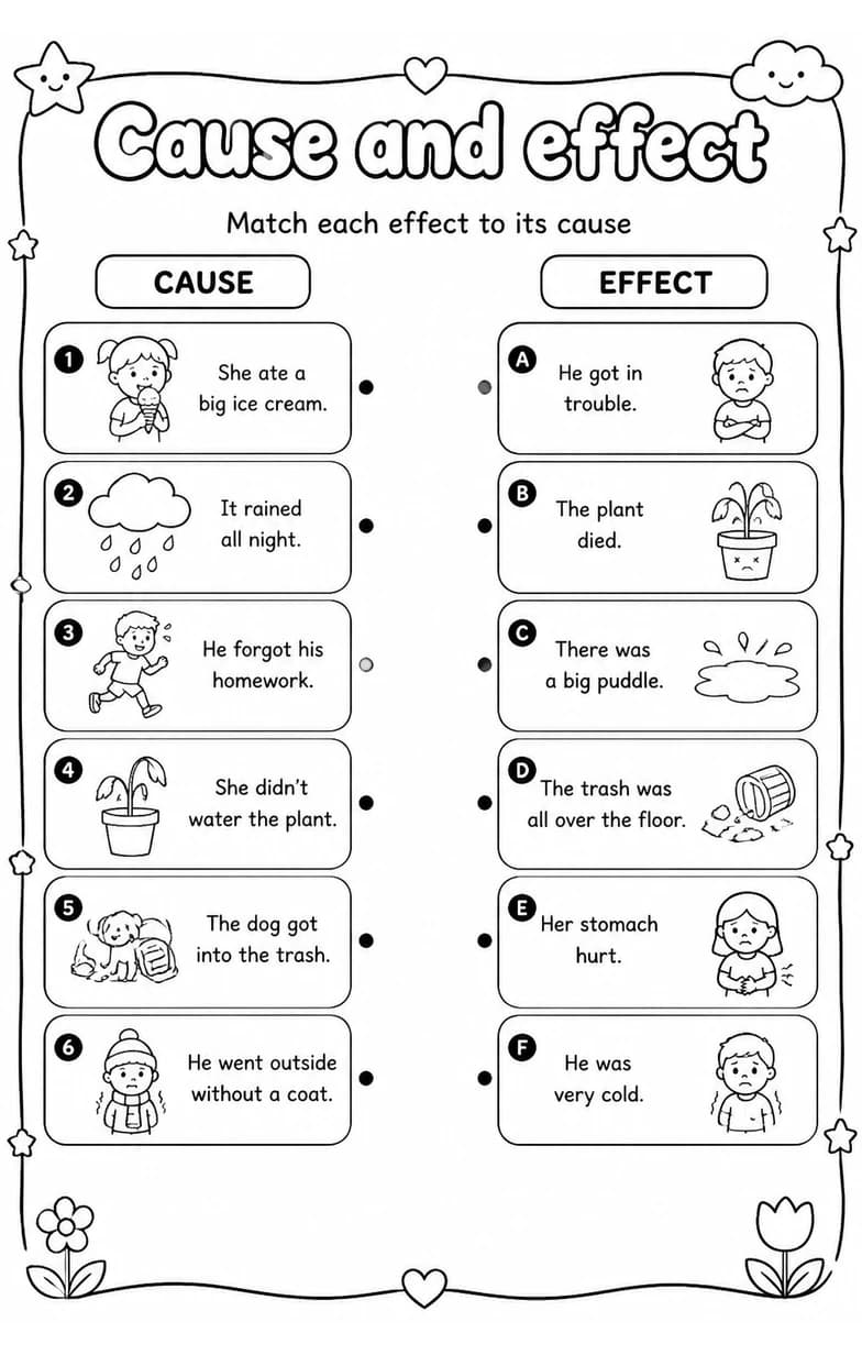 Match each effect to its cause — free printable Grade 2 English & Reading worksheet