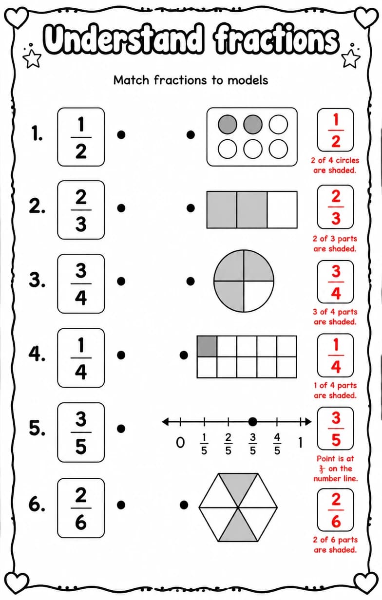 Answer key for Match fractions to models — free printable Math worksheet