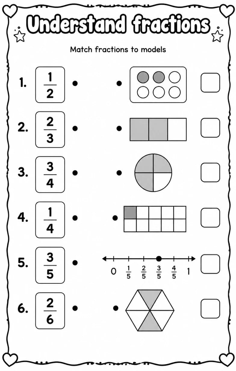 Match fractions to models — free printable Grade 3 math worksheet