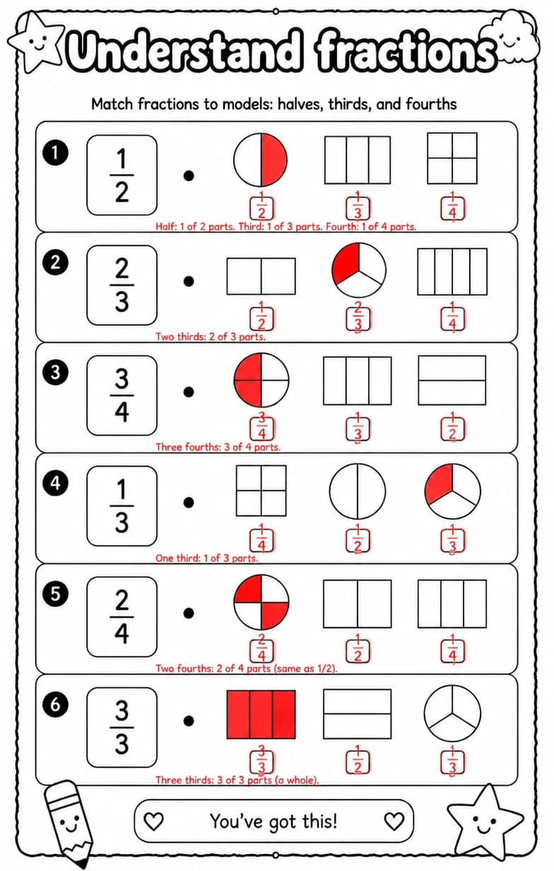 Answer key for Match fractions to models: halves, thirds, and fourths — free printable Math worksheet