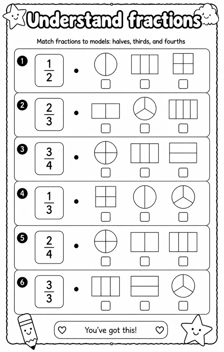 Match fractions to models: halves, thirds, and fourths — free printable Grade 3 Math worksheet