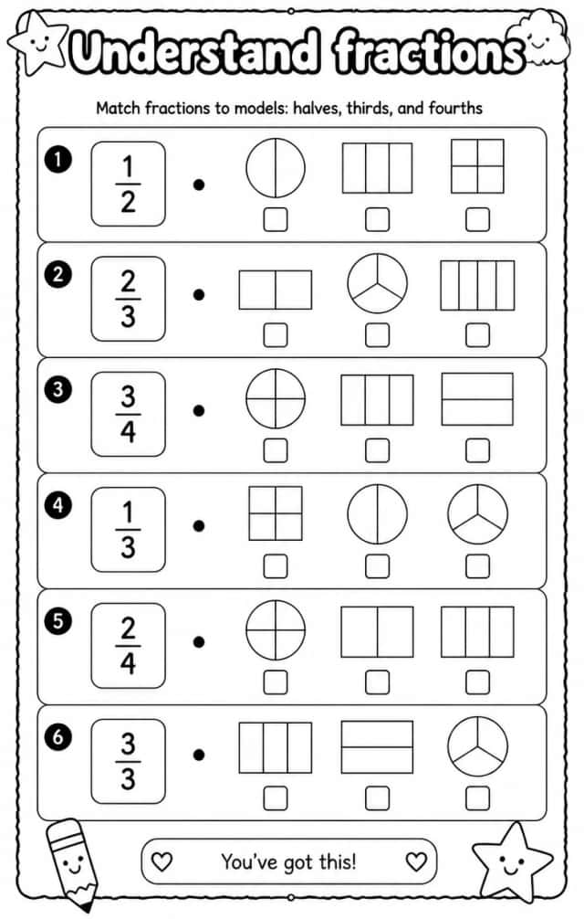 Match fractions to models: halves, thirds, and fourths