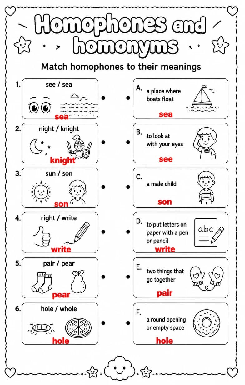 Answer key for Match homophones to their meanings — free printable English & Reading worksheet