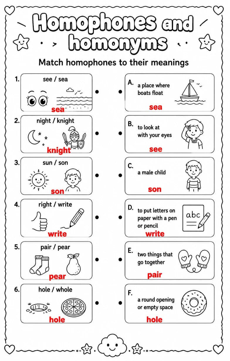 Answer key for Match homophones to their meanings — free printable English & Reading worksheet