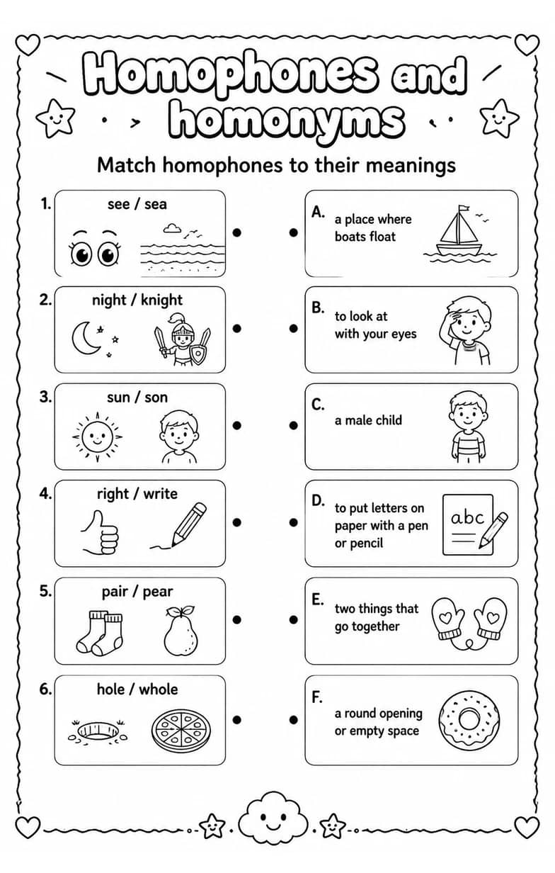 Match homophones to their meanings — free printable Vocabulary English worksheet