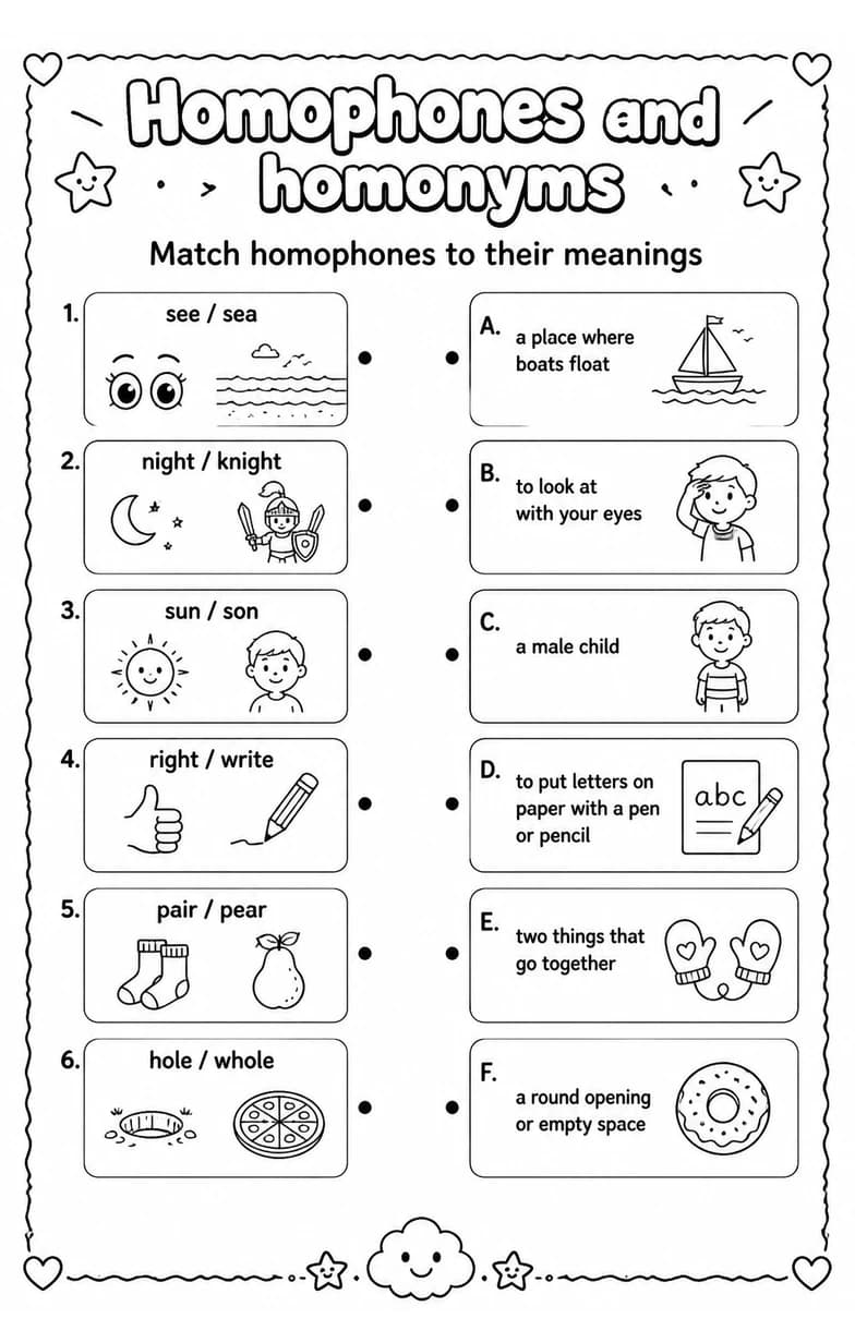 Match homophones to their meanings — free printable Grade 4 English & Reading worksheet