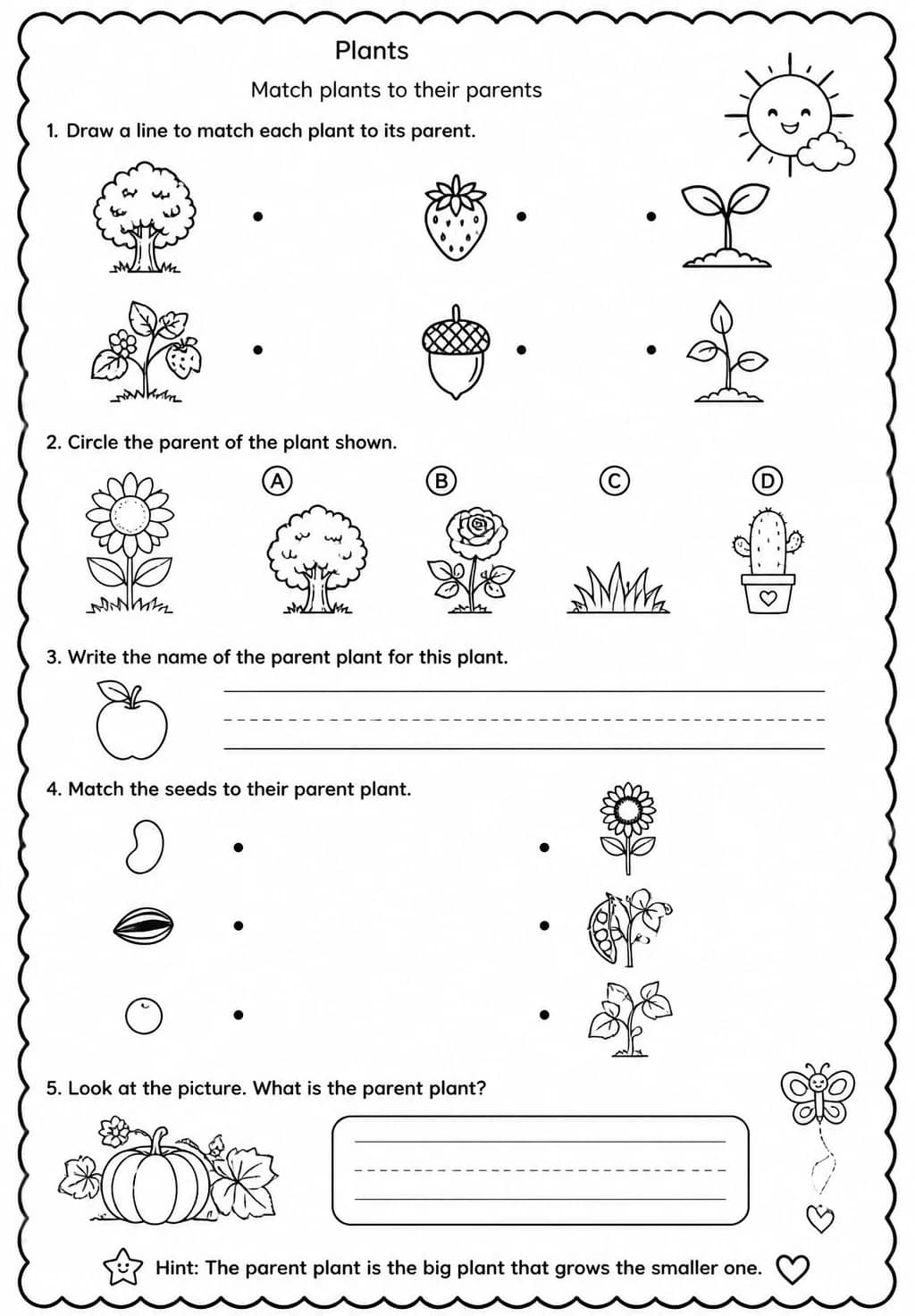Match plants to their parents — free printable Kindergarten Science worksheet