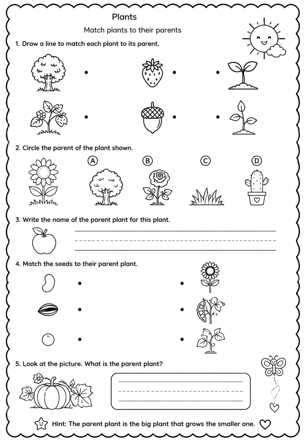 Match plants to their parents — free printable Kindergarten Science worksheet