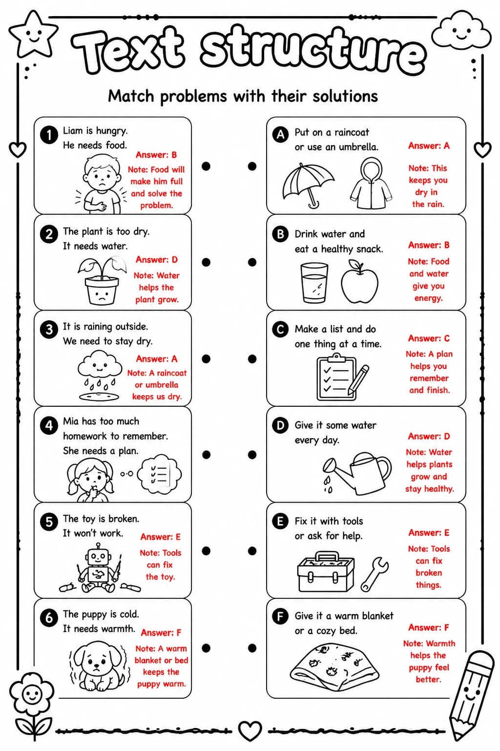 Answer key for Match problems with their solutions — free printable English & Reading worksheet