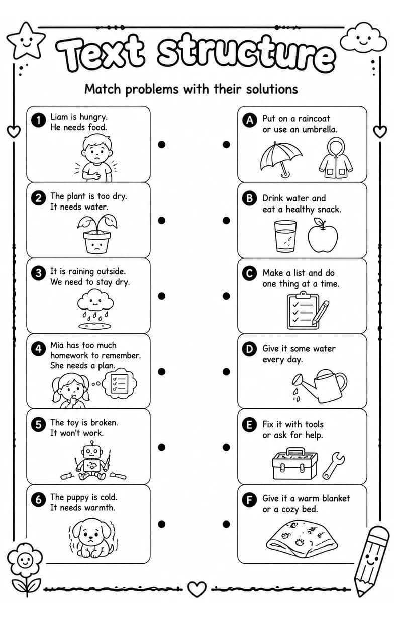Match problems with their solutions — free printable Grade 3 English & Reading worksheet