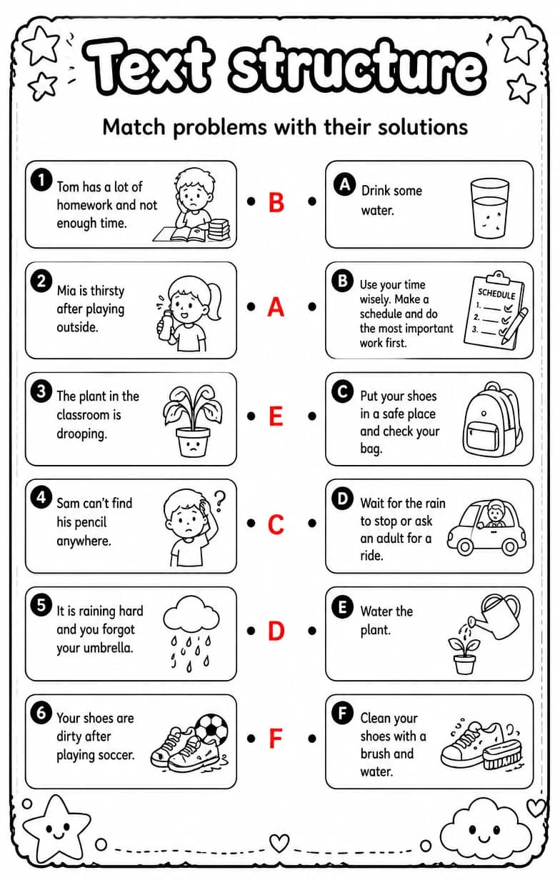 Answer key for Match problems with their solutions — free printable English & Reading worksheet
