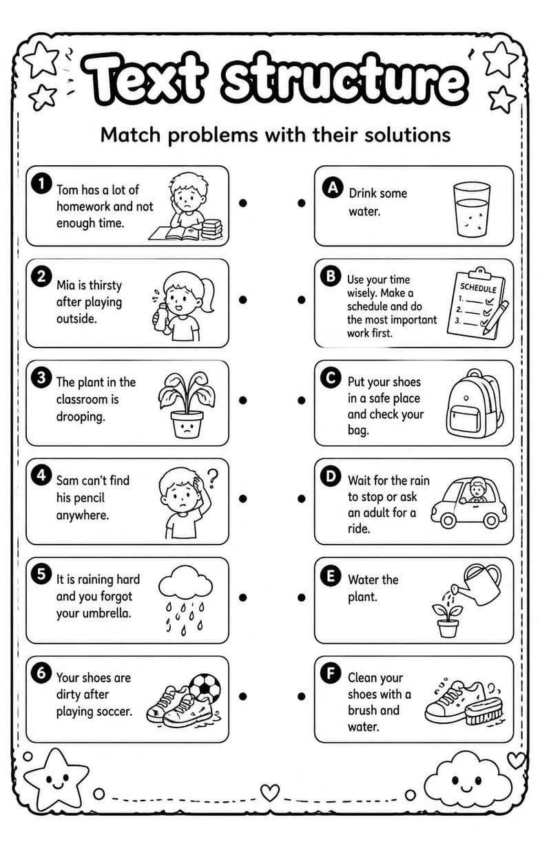 Match problems with their solutions — free printable Grade 4 English & Reading worksheet