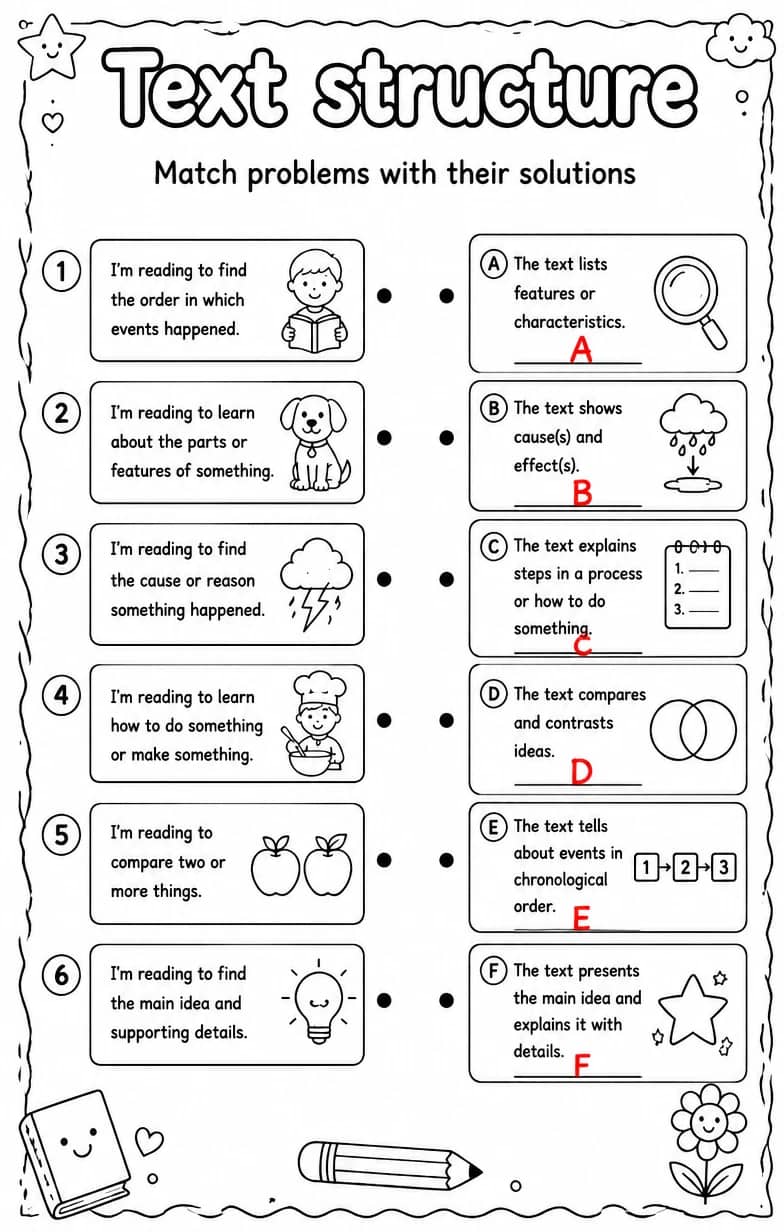 Answer key for Match problems with their solutions — free printable English & Reading worksheet