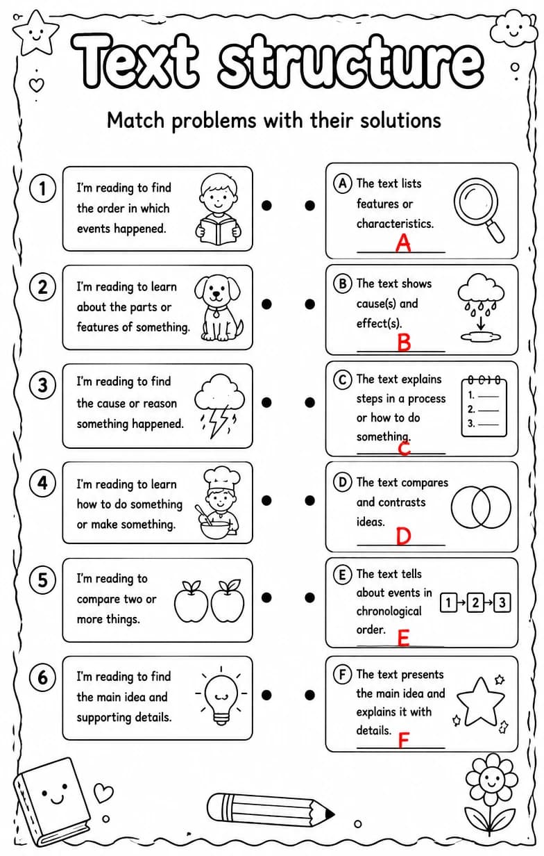 Answer key for Match problems with their solutions — free printable English & Reading worksheet