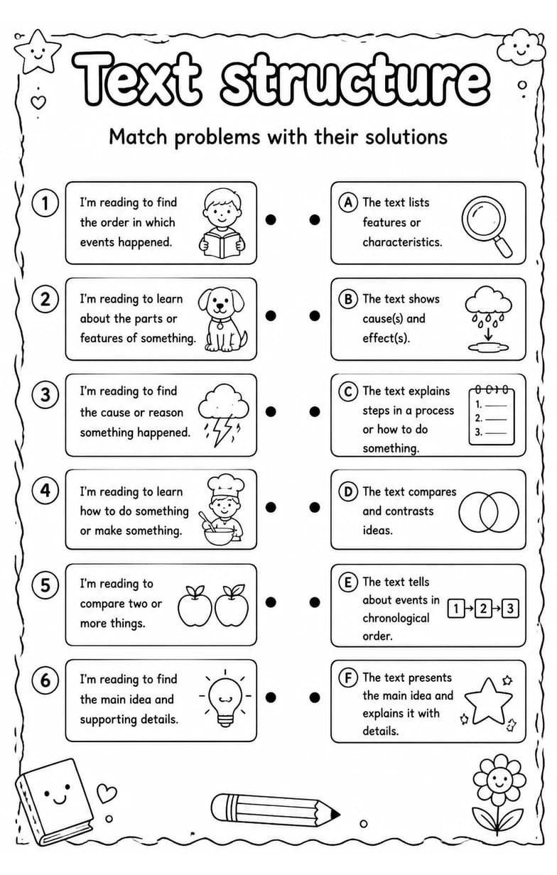 Match problems with their solutions — free printable Grade 5 English & Reading worksheet