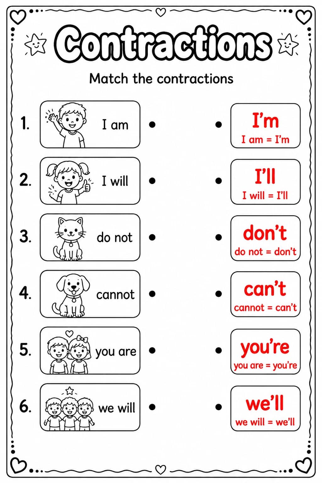 Answer key for Match the contractions — free printable English & Reading worksheet