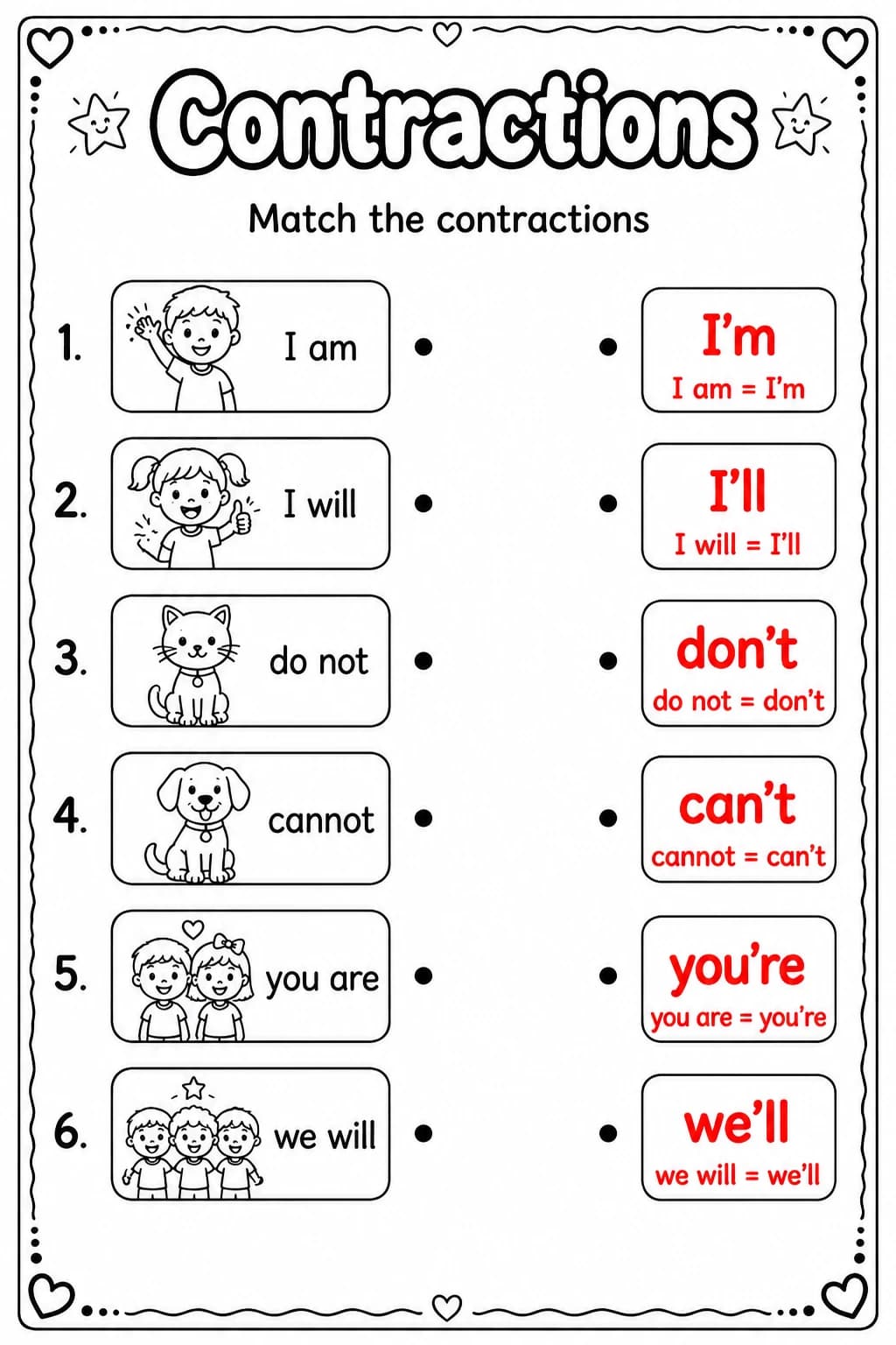Answer key for Match the contractions — free printable English & Reading worksheet