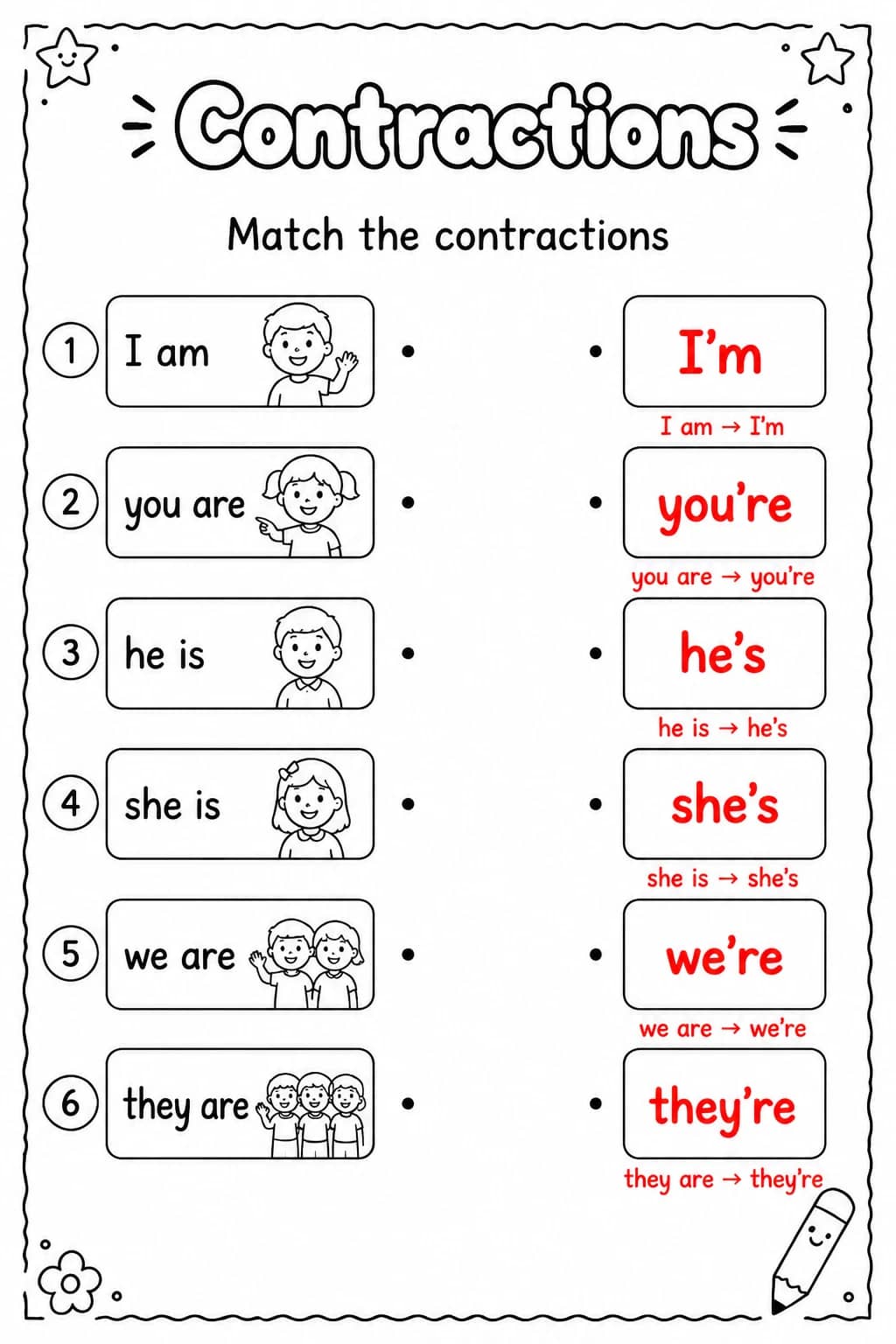 Answer key for Match the contractions — free printable English & Reading worksheet