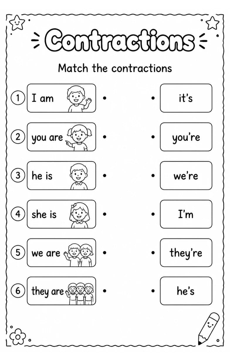 Match the contractions — free printable Grammar and mechanics English worksheet