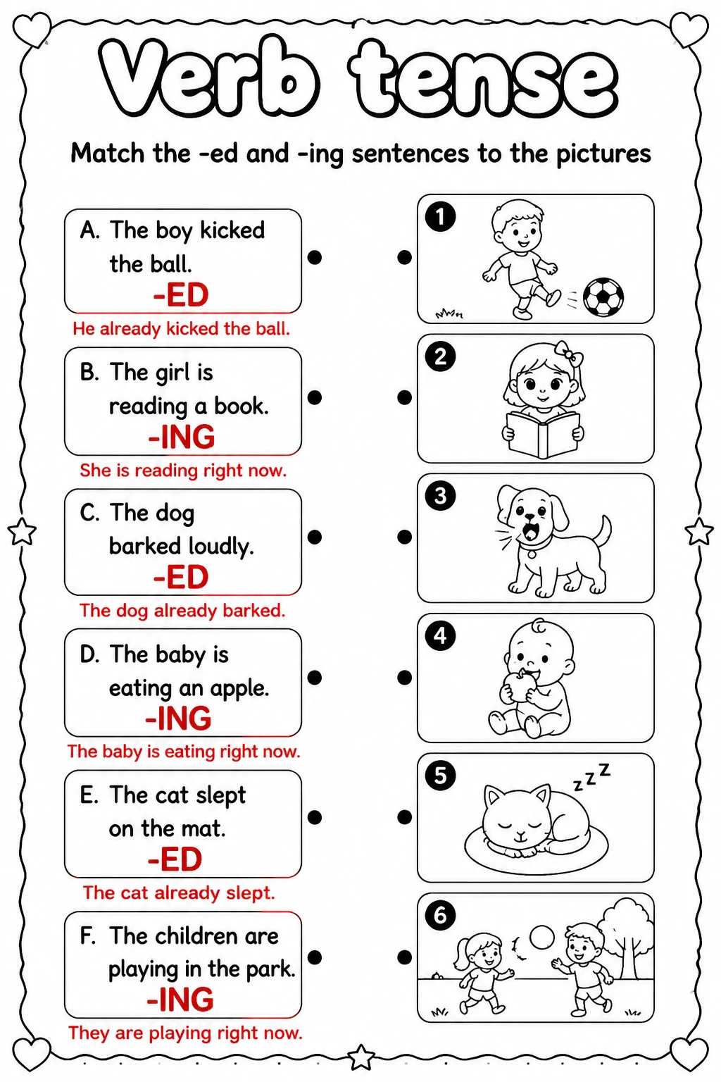 Answer key for Match the -ed and -ing sentences to the pictures — free printable English & Reading worksheet