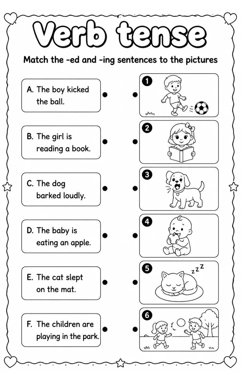 Match the -ed and -ing sentences to the pictures — free printable Grade 1 English & Reading worksheet