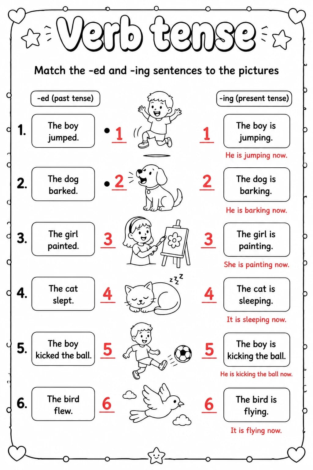 Answer key for Match the -ed and -ing sentences to the pictures — free printable English & Reading worksheet