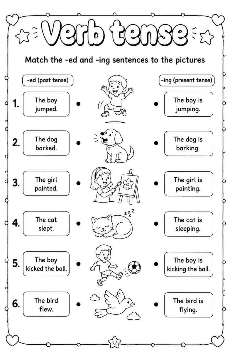 Match the -ed and -ing sentences to the pictures — free printable Grammar and mechanics English worksheet