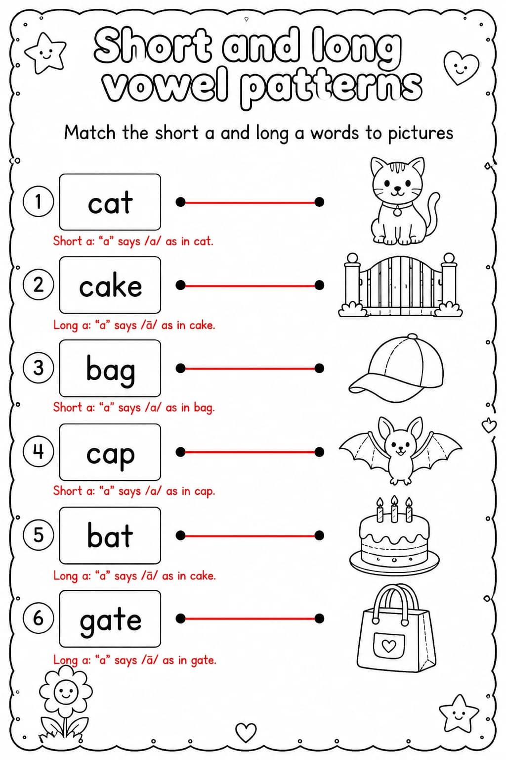Answer key for Match the short a and long a words to pictures — free printable English & Reading worksheet