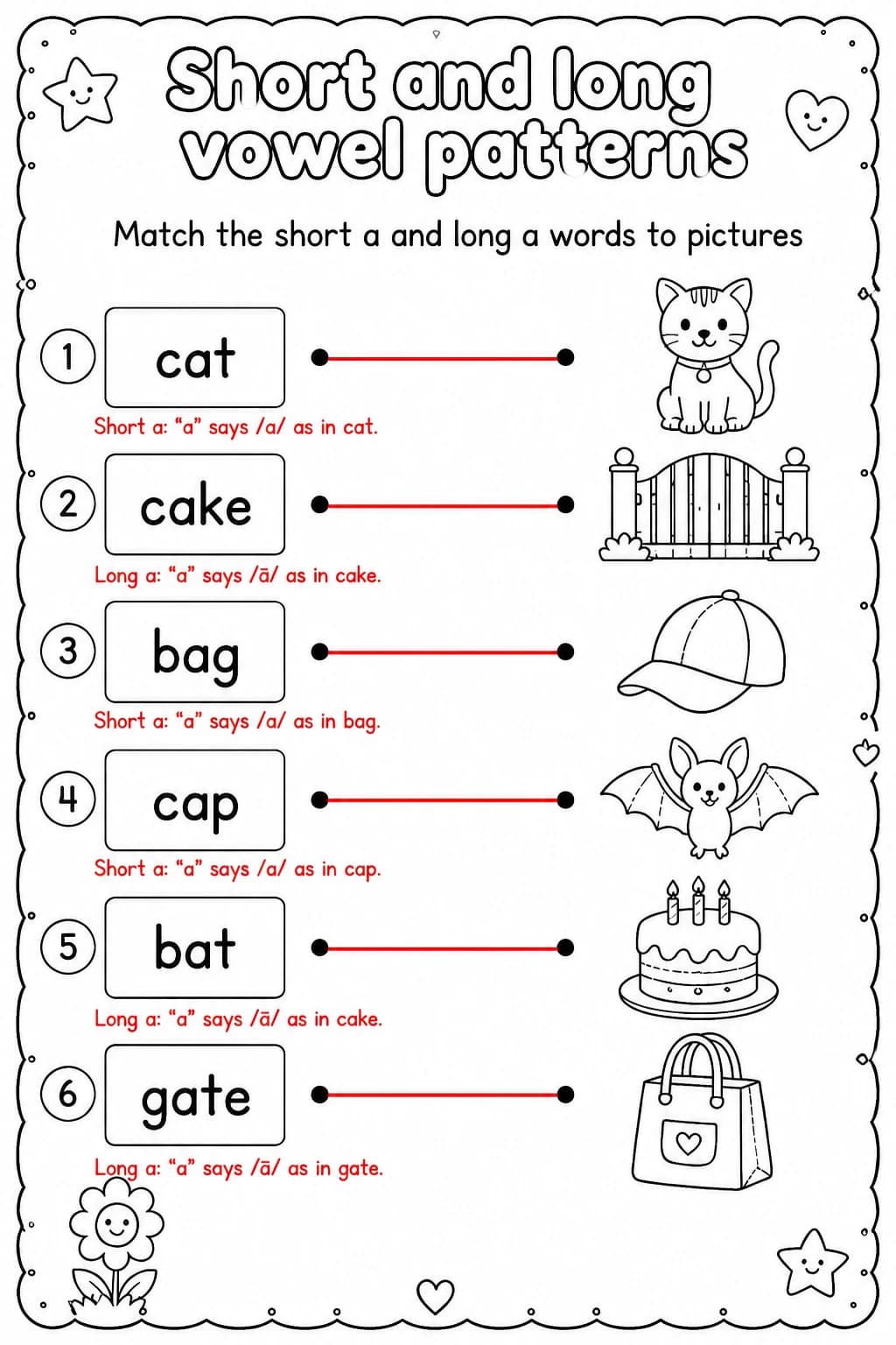 Answer key for Match the short a and long a words to pictures — free printable English & Reading worksheet