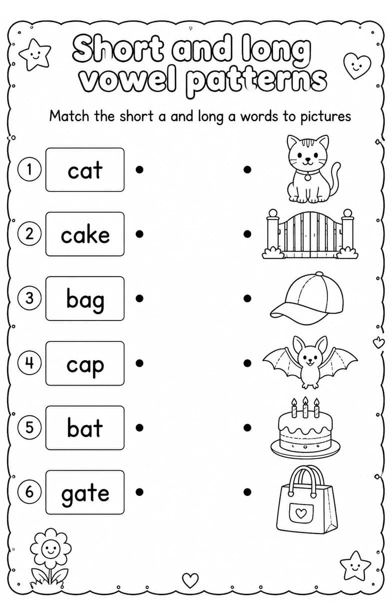 Match the short a and long a words to pictures — free printable Grade 1 English & Reading worksheet